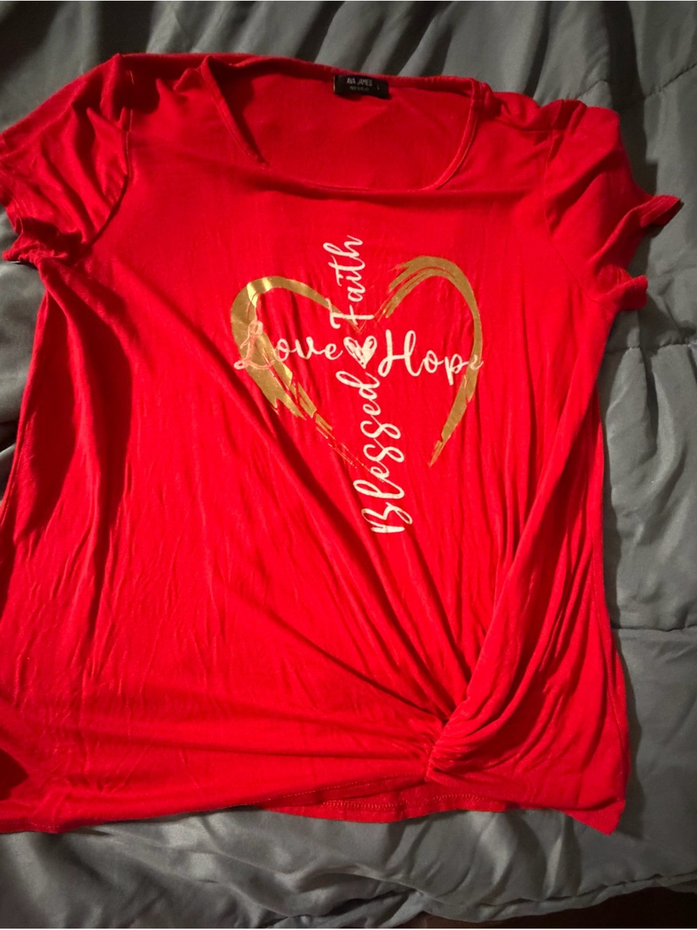 Women’s Red Short-Sleeve Graphic Tee with Gold Heart Accent